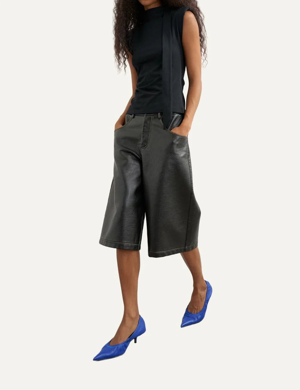 Topshop women's black sleeveless top with high neckline, structured shoulders and side ruching full body