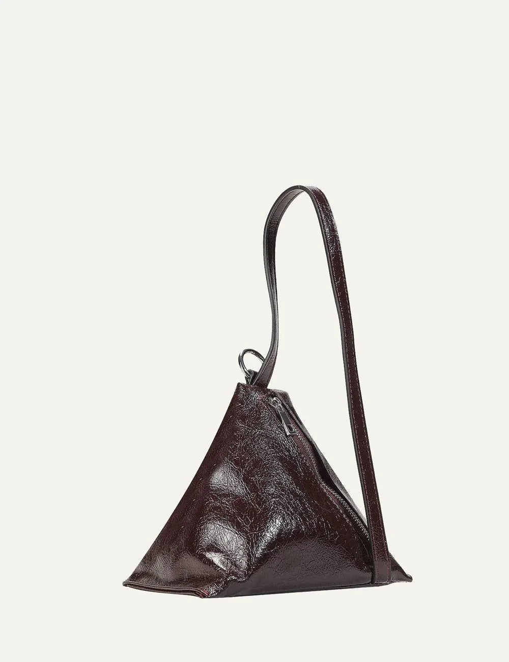 Topshop women's burgundy glossy crinkled triangular handbag with long strap and silver-tone side zipper.