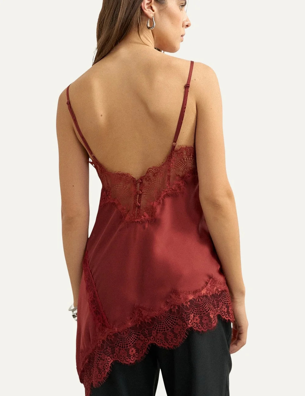 Topshop women's burgundy satin camisole top with lace-trimmed V-neckline, thin straps and asymmetric lace hem back