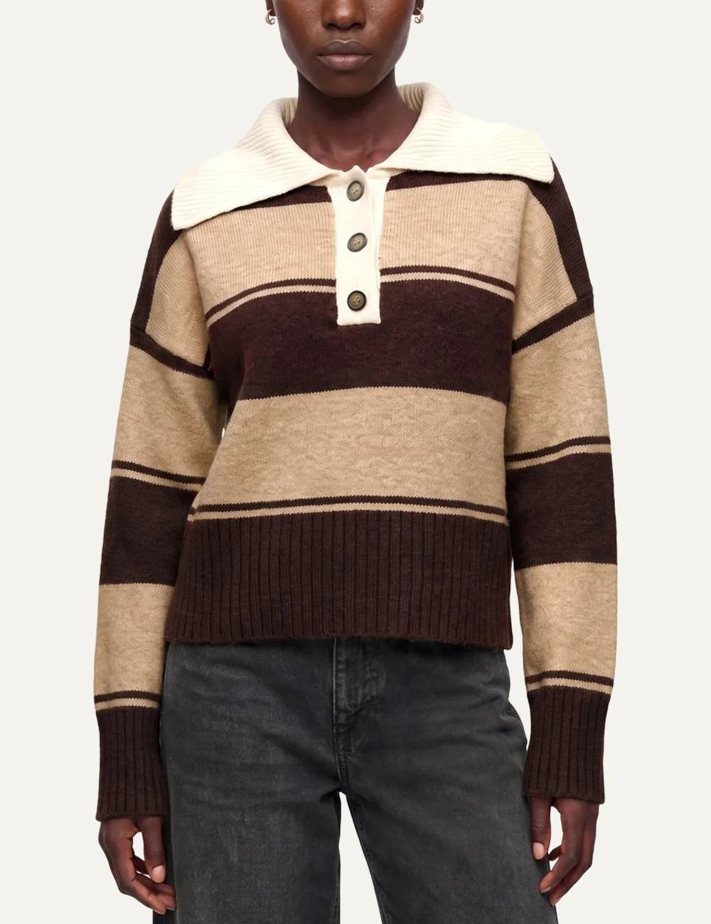 Topshop women's chocolate brown and beige striped knitted polo sweater with cream collar and three-button placket model