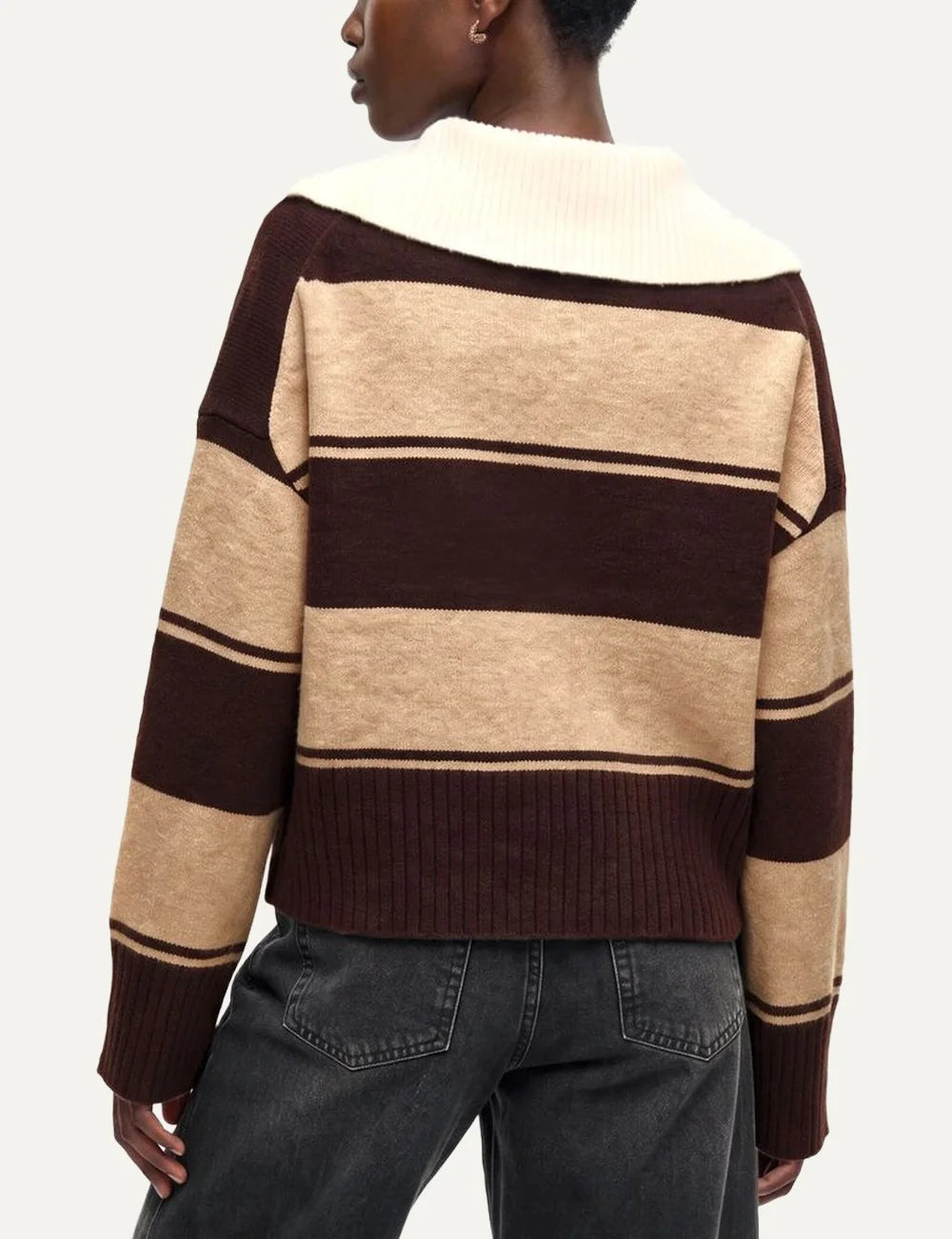 Topshop women's chocolate brown and beige striped knitted polo sweater with cream collar and three-button placket back