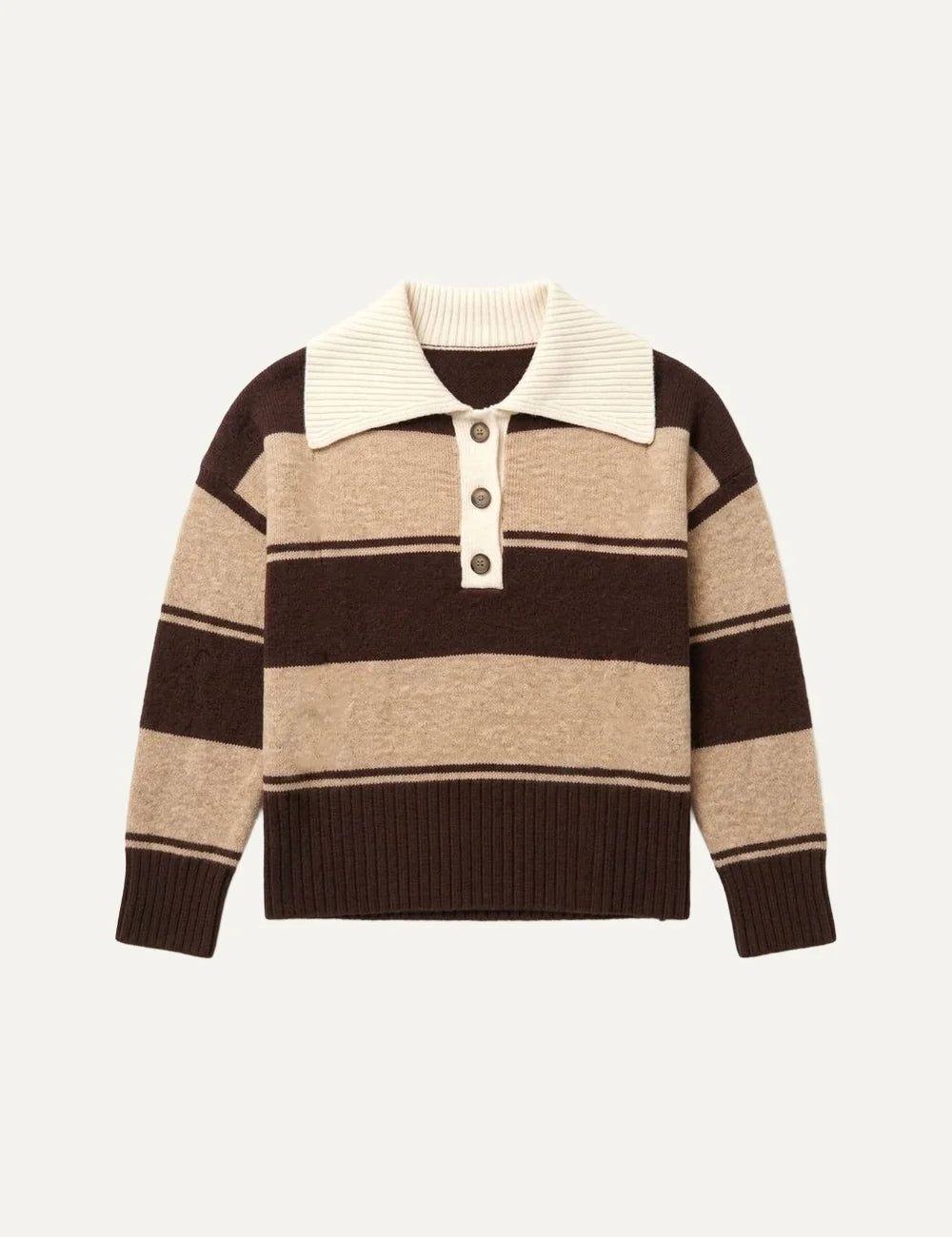 Topshop women's chocolate brown and beige striped knitted polo sweater with cream collar and three-button placket.