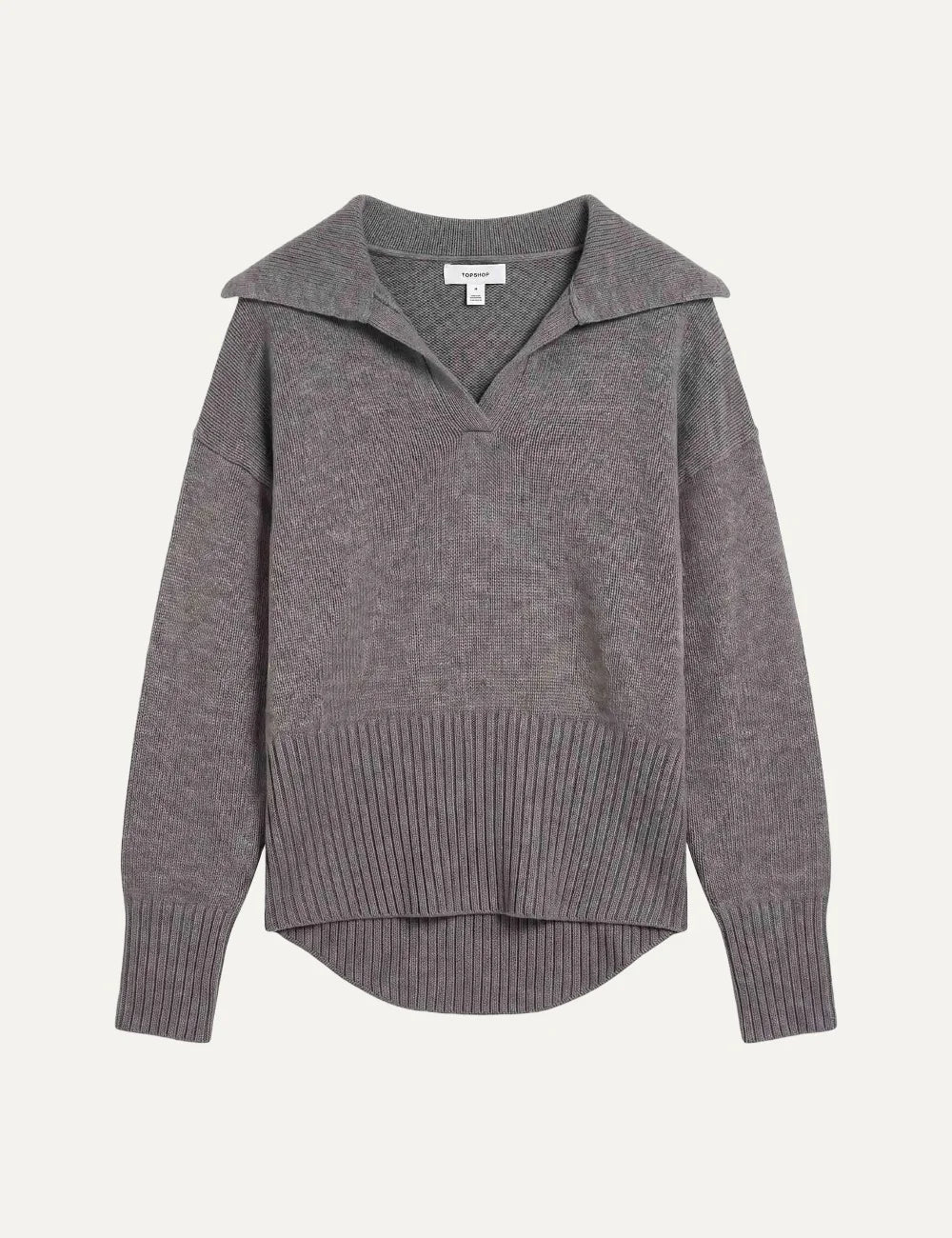 Topshop women's grey melange knitted sweater with V-neck polo collar, dropped shoulders and ribbed trims.
