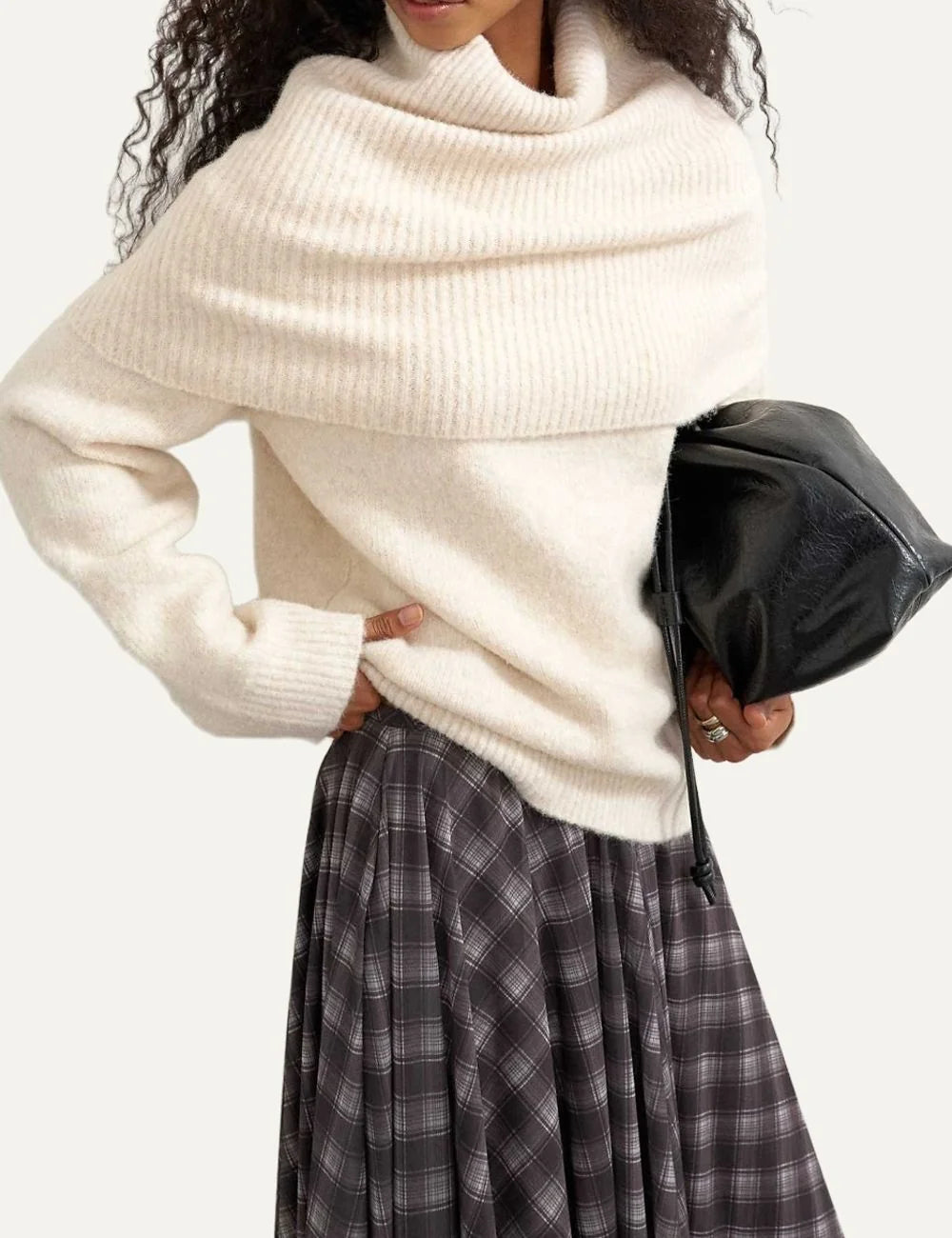 Topshop women's ivory knitted jumper with high neck, wide folded shoulder overlay and long sleeves.