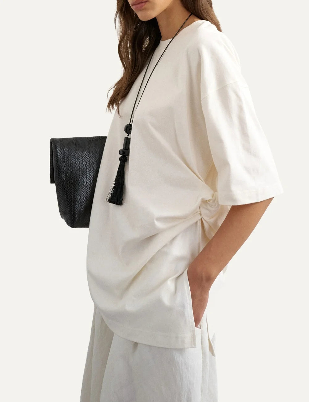 Topshop women's ivory oversized cotton T-shirt with dropped shoulders and side knot detail side