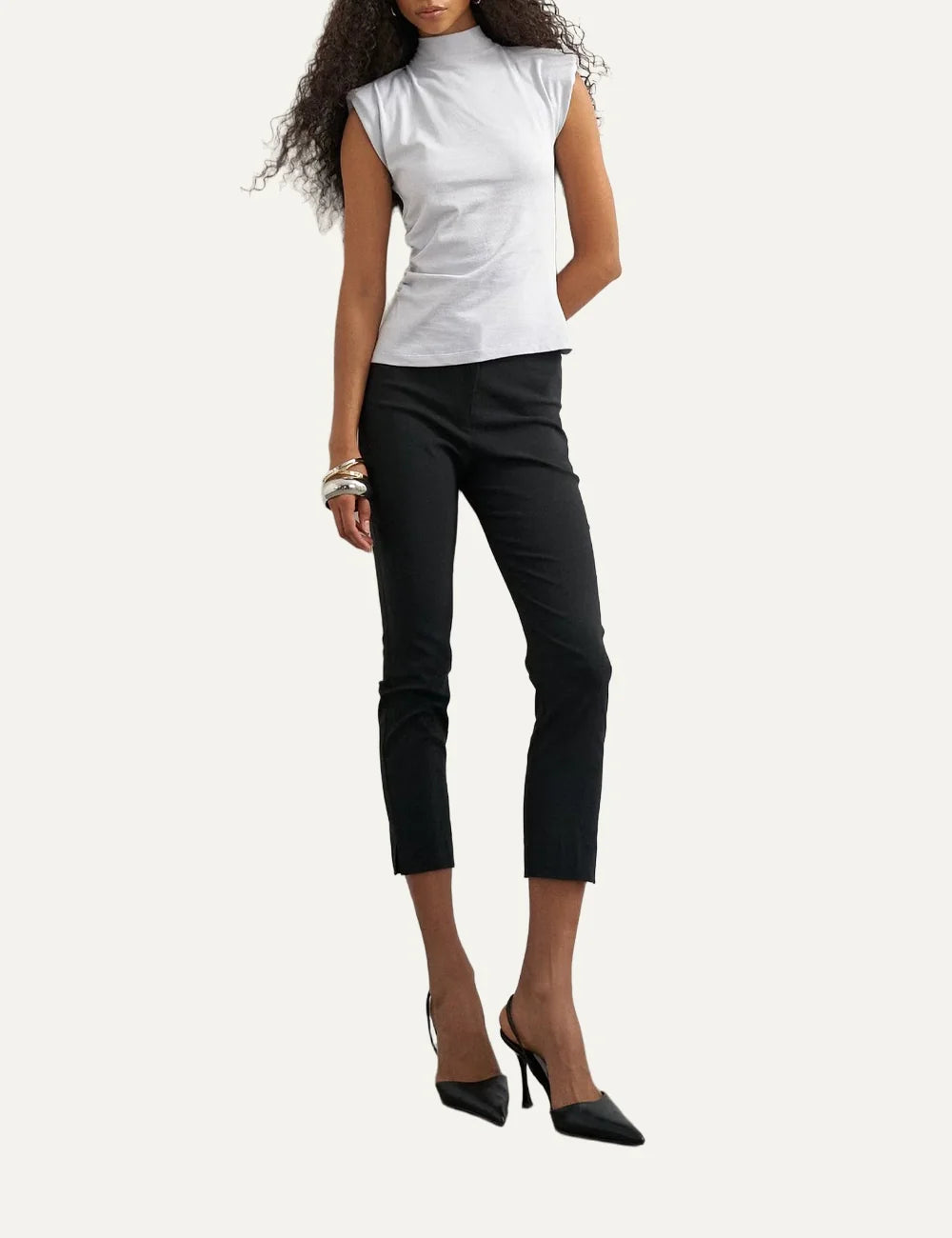 Topshop women's silver sleeveless cotton top with high neckline, structured shoulders and side ruching full body