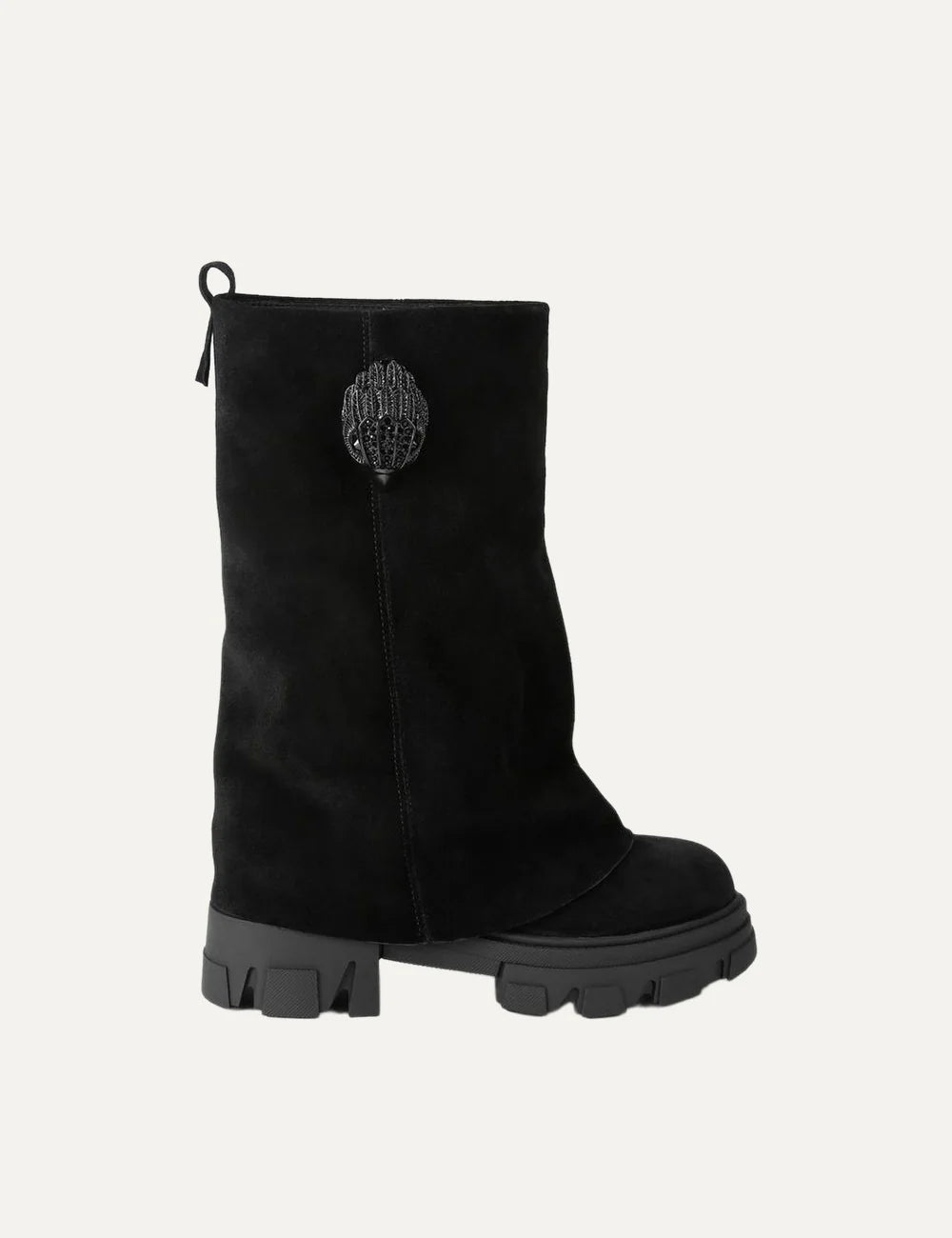 Kurt Geiger London Stomp Foldover Crystal black suede boots with black crystal eagle head detail and chunky lug sole.
