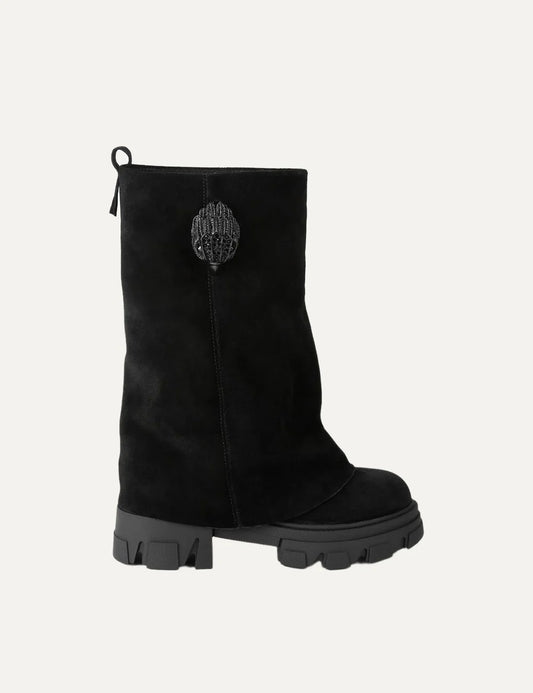 Kurt Geiger London Stomp Foldover Crystal black suede boots with black crystal eagle head detail and chunky lug sole.