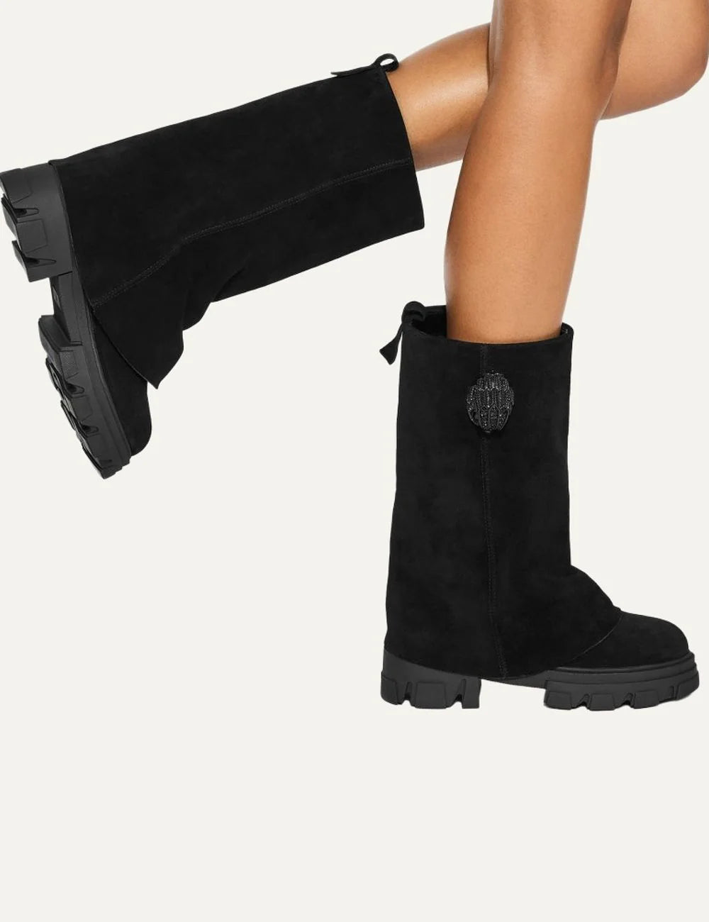 Kurt Geiger London Stomp Foldover Crystal black suede boots with black crystal eagle head detail and chunky lug sole model