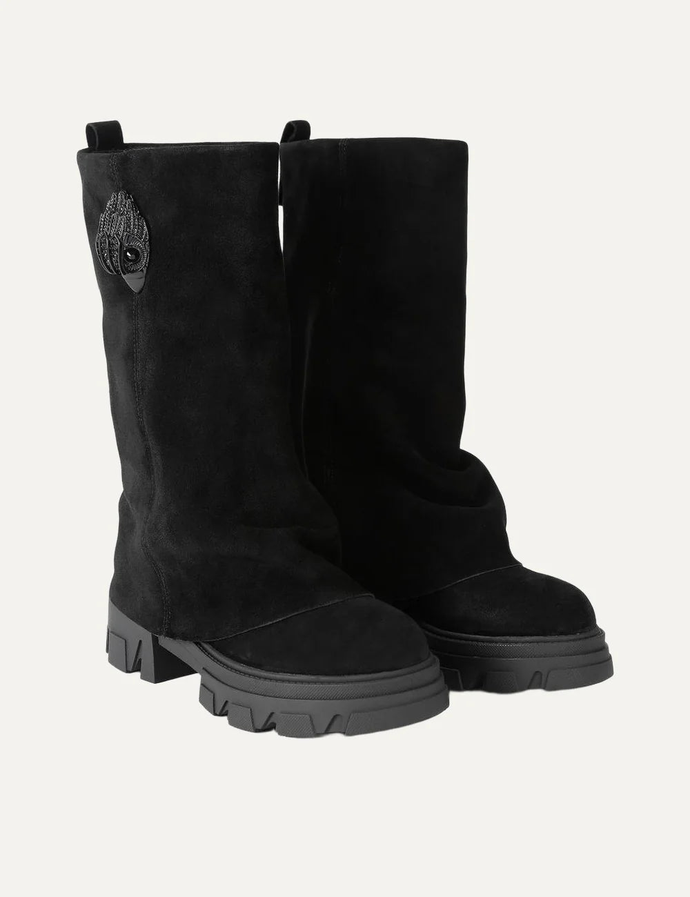 Kurt Geiger London Stomp Foldover Crystal black suede boots with black crystal eagle head detail and chunky lug sole front