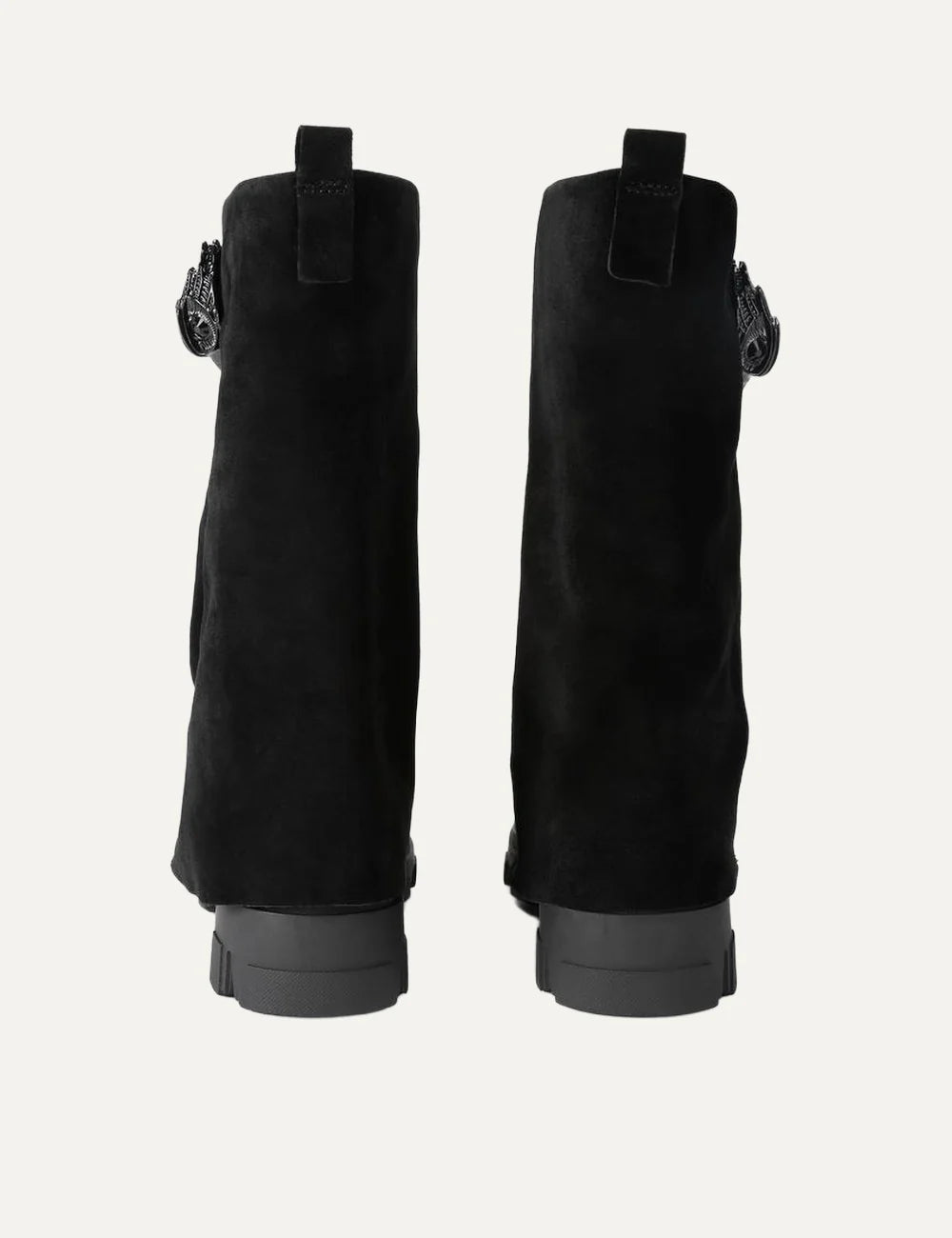 Kurt Geiger London Stomp Foldover Crystal black suede boots with black crystal eagle head detail and chunky lug sole back