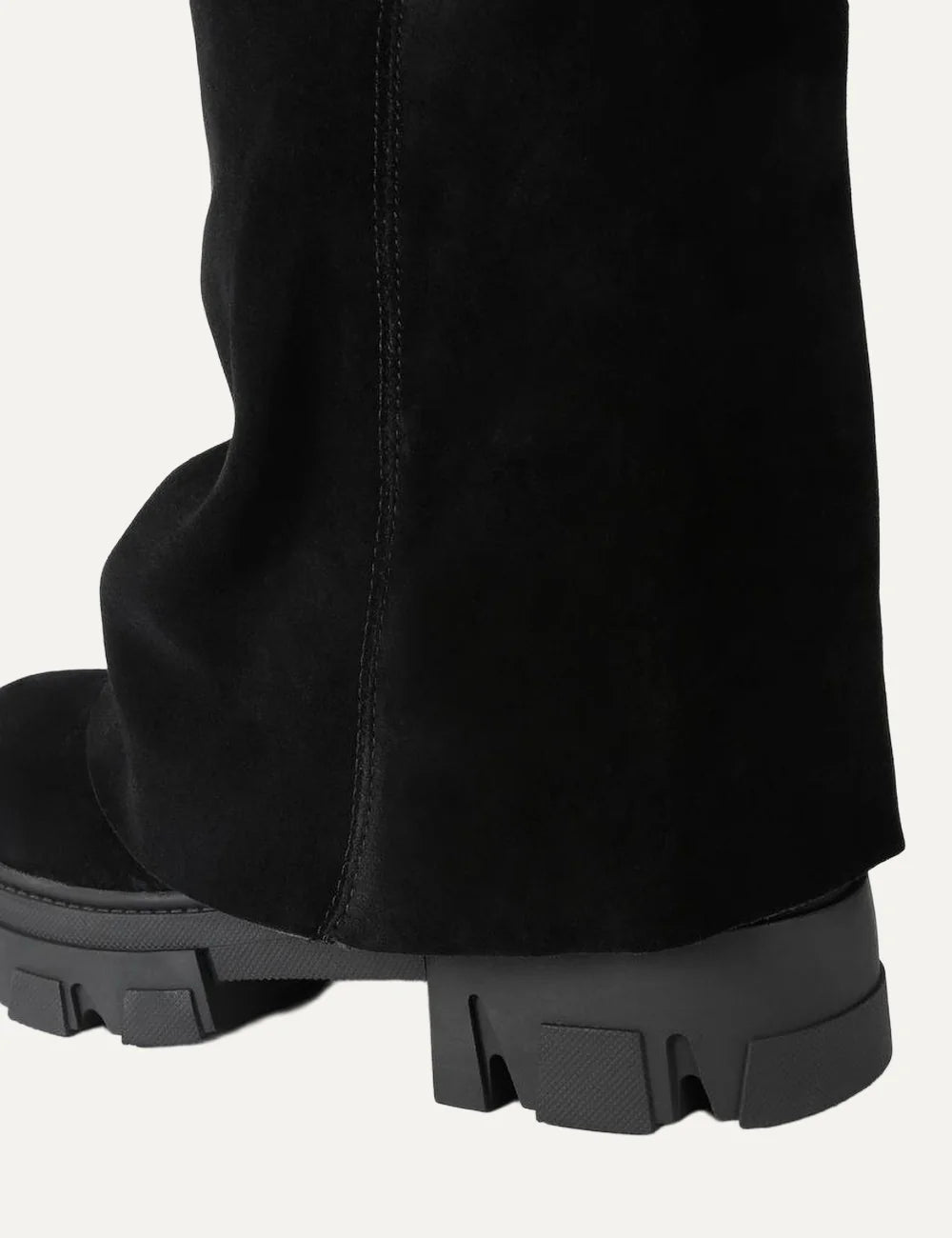 Kurt Geiger London Stomp Foldover Crystal black suede boots with black crystal eagle head detail and chunky lug sole back