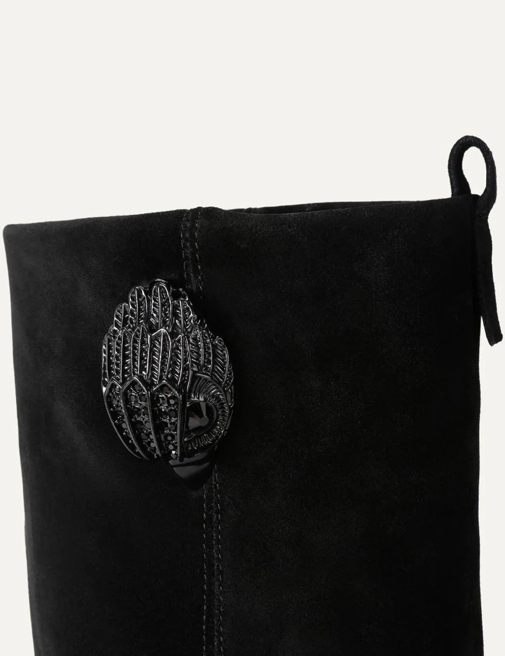 Kurt Geiger London Stomp Foldover Crystal black suede boots with black crystal eagle head detail and chunky lug sole detail
