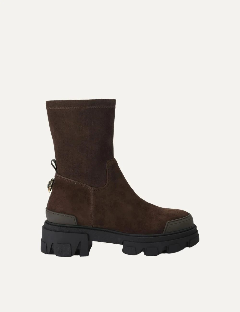 Kurt Geiger London Trail Sock Ankle dark brown suede ankle boots with soft shaft, gold eagle detail, side zipper and chunky black lug sole.