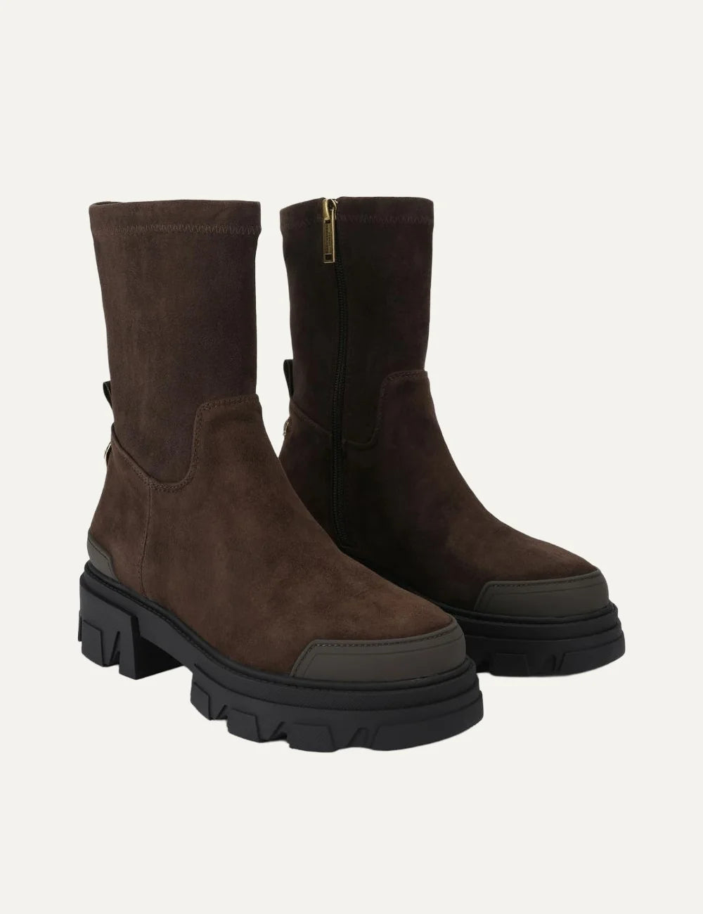 Kurt Geiger London Trail Sock Ankle dark brown suede ankle boots with soft shaft, gold eagle detail, side zipper and chunky black lug sole detail