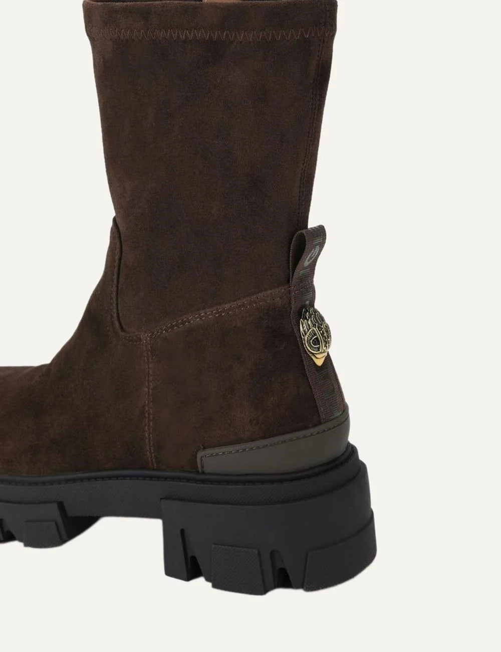 Kurt Geiger London Trail Sock Ankle dark brown suede ankle boots with soft shaft, gold eagle detail, side zipper and chunky black lug sole back