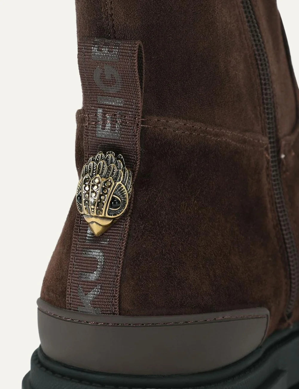Kurt Geiger London Trail Sock Ankle dark brown suede ankle boots with soft shaft, gold eagle detail, side zipper and chunky black lug sole detail