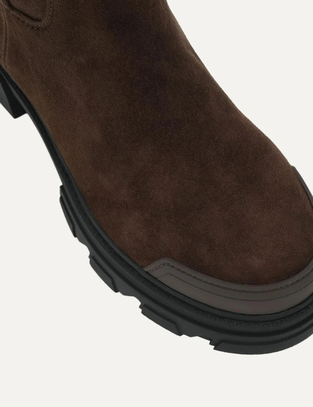 Kurt Geiger London Trail Sock Ankle dark brown suede ankle boots with soft shaft, gold eagle detail, side zipper and chunky black lug sole top