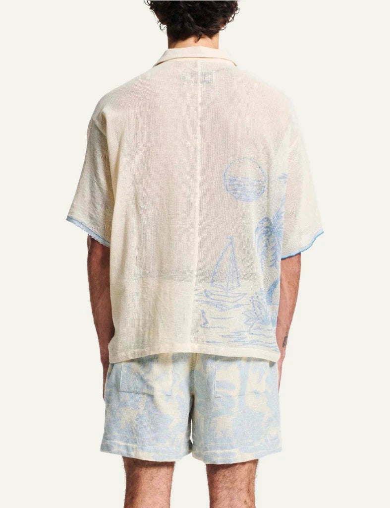 tropical print shorts beige light blue detail back view