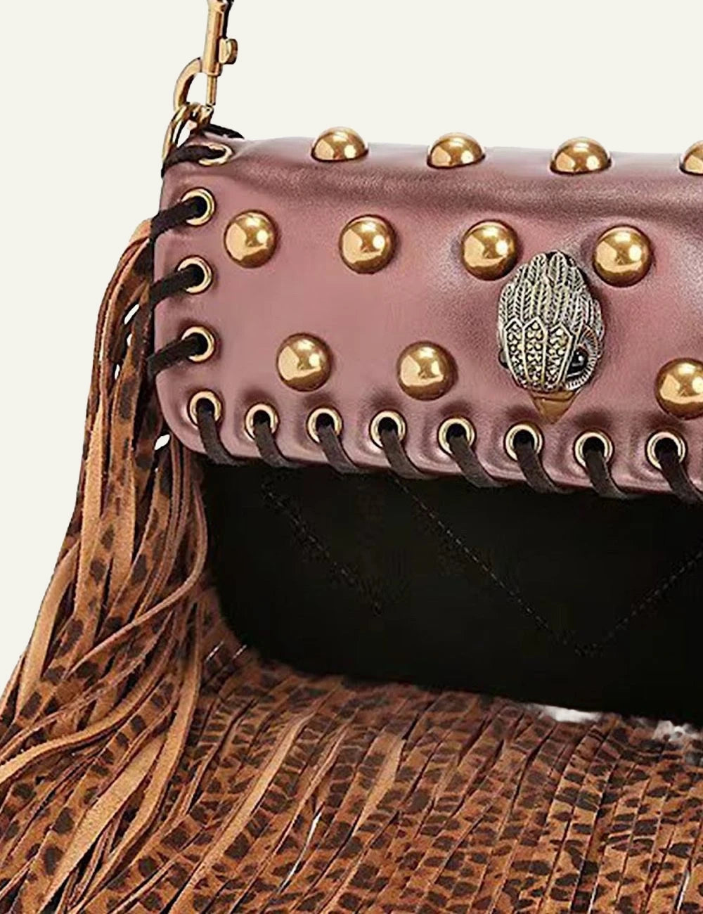 Women's Kurt Geiger SM Oxford Fringe shoulder bag in brown and black close up details