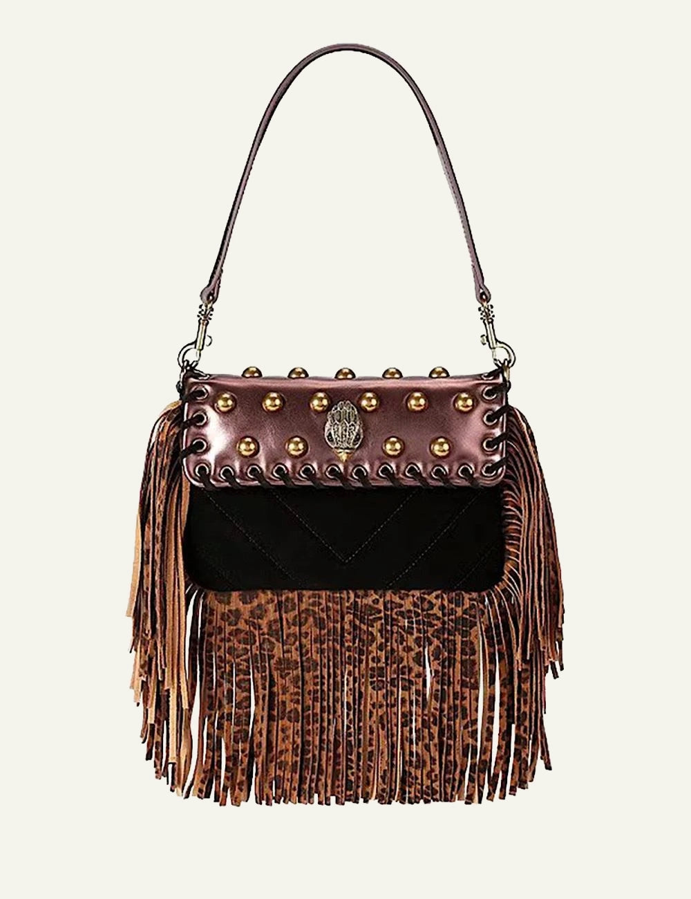 Women's Kurt Geiger SM Oxford Fringe shoulder bag in brown and black front view