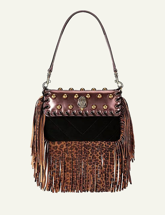Women's Kurt Geiger SM Oxford Fringe shoulder bag in brown and black front view