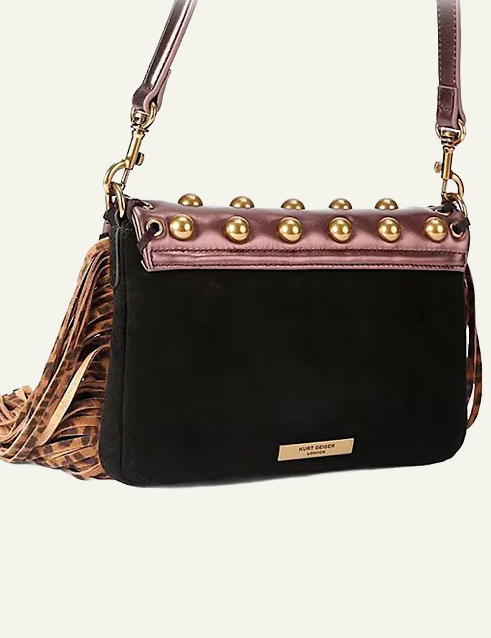 Women's Kurt Geiger SM Oxford Fringe shoulder bag in brown and black back view