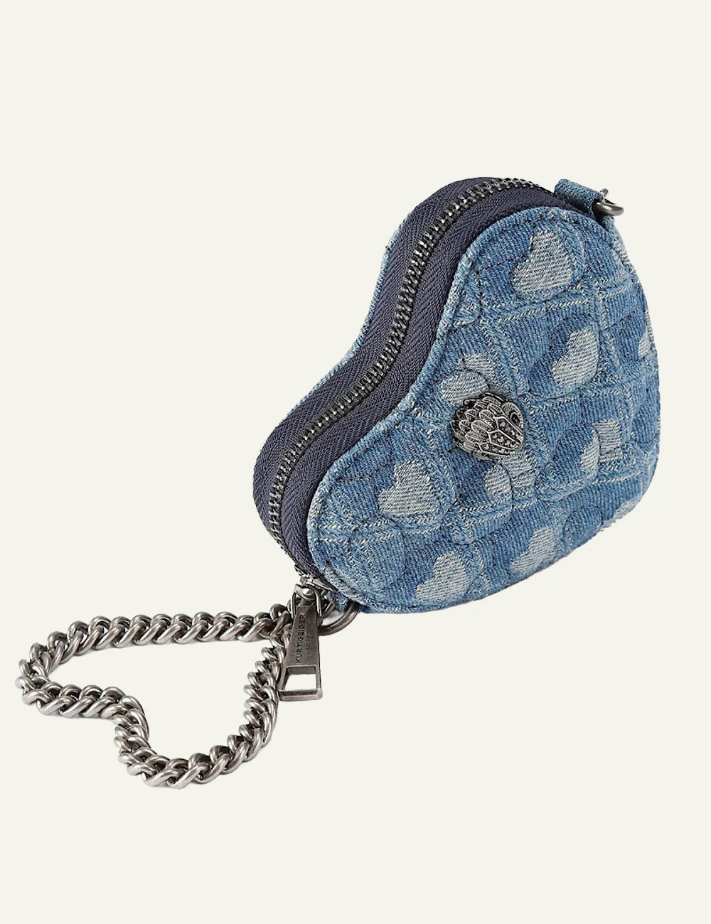 Kurt Geiger Micro Heart denim crossbody bag side view with chain