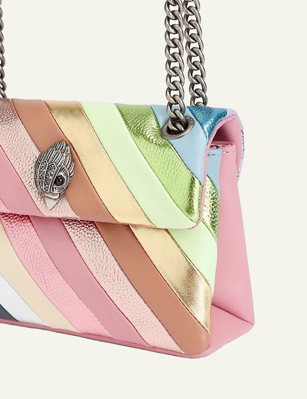 Kurt Geiger multicolor quilted bag side angle chain strap detail