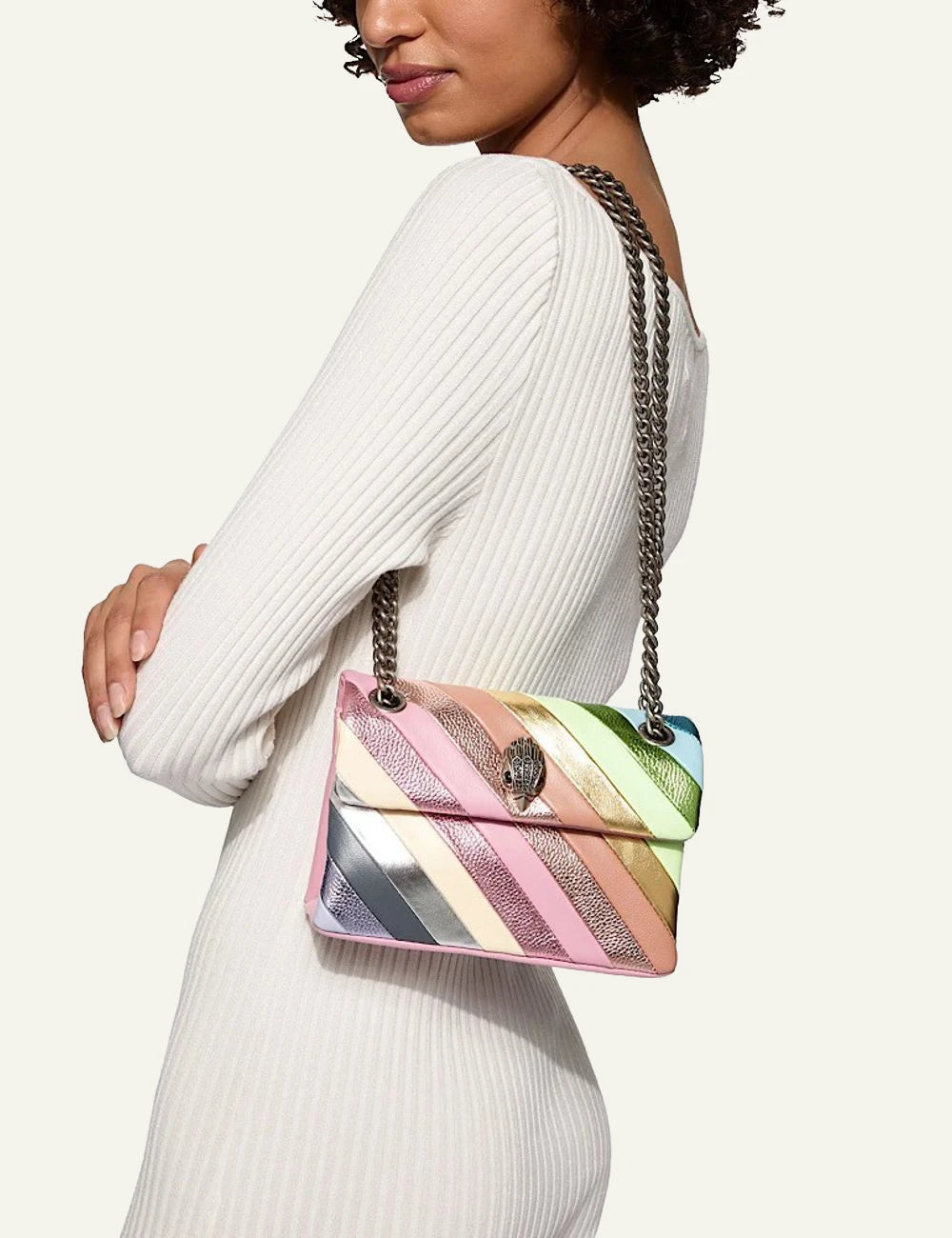 Kurt Geiger women’s crossbody bag worn on shoulder outfit styling