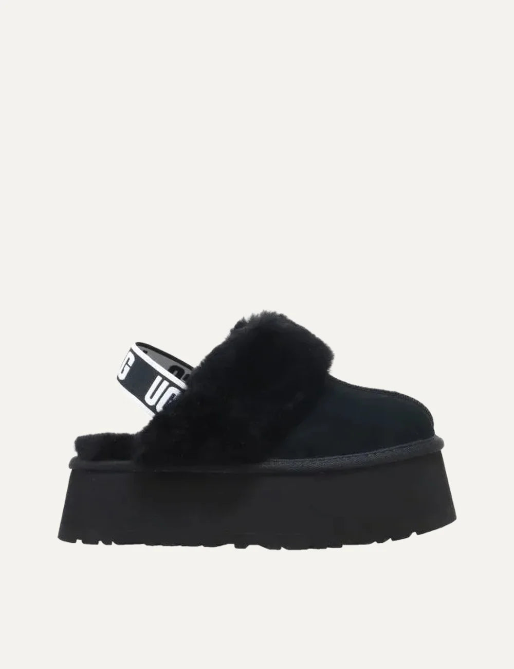 UGG black suede platform slippers with plush black fur trim, logo heel strap and chunky black sole.