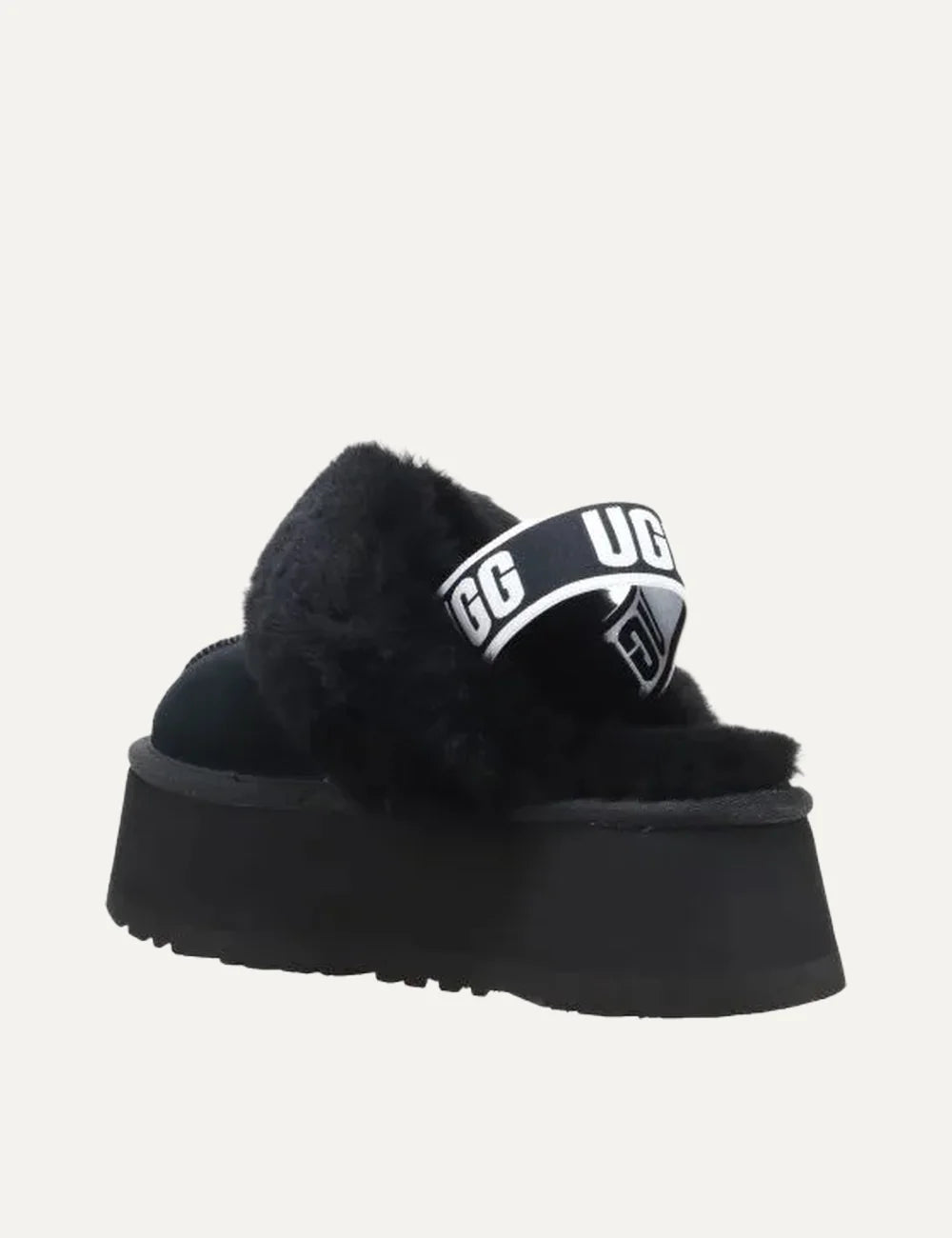 UGG black suede platform slippers with plush black fur trim, logo heel strap and chunky black 