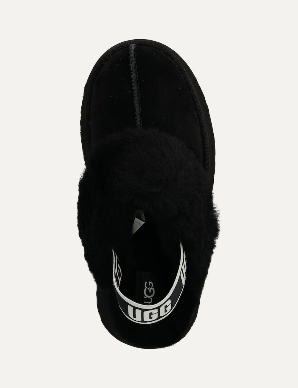UGG black suede platform slippers with plush black fur trim, logo heel strap and chunky black sole top