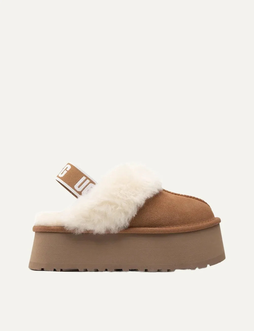 UGG Funkette chestnut suede platform slippers with fluffy cream sheepskin trim, logo heel strap and chunky tan sole.