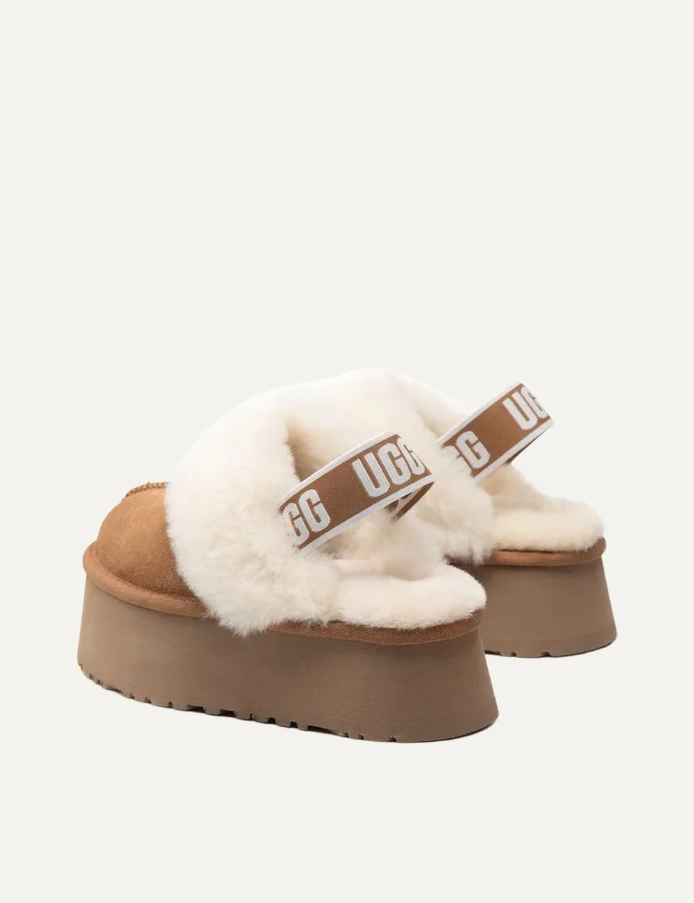 UGG Funkette chestnut suede platform slippers with fluffy cream sheepskin trim, logo heel strap and chunky tan sole  back