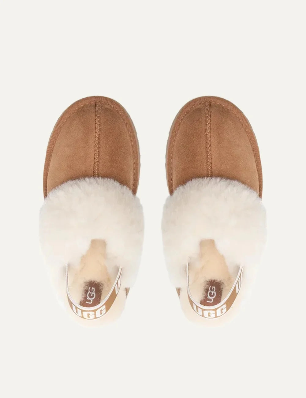 UGG Funkette chestnut suede platform slippers with fluffy cream sheepskin trim, logo heel strap and chunky tan sole top