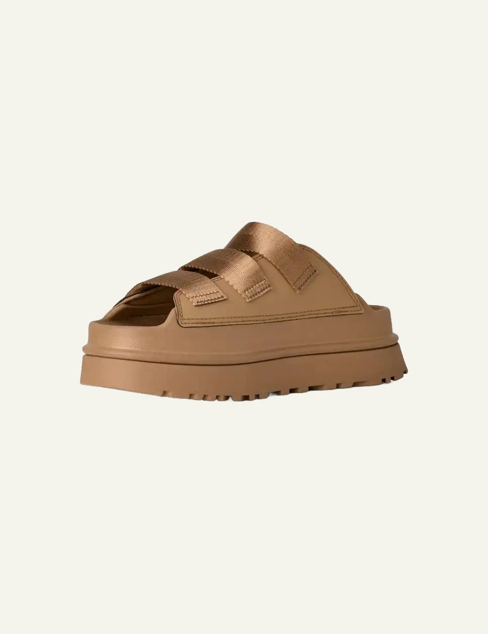 UGG GoldenGlow slide sandal dark sand platform angled view