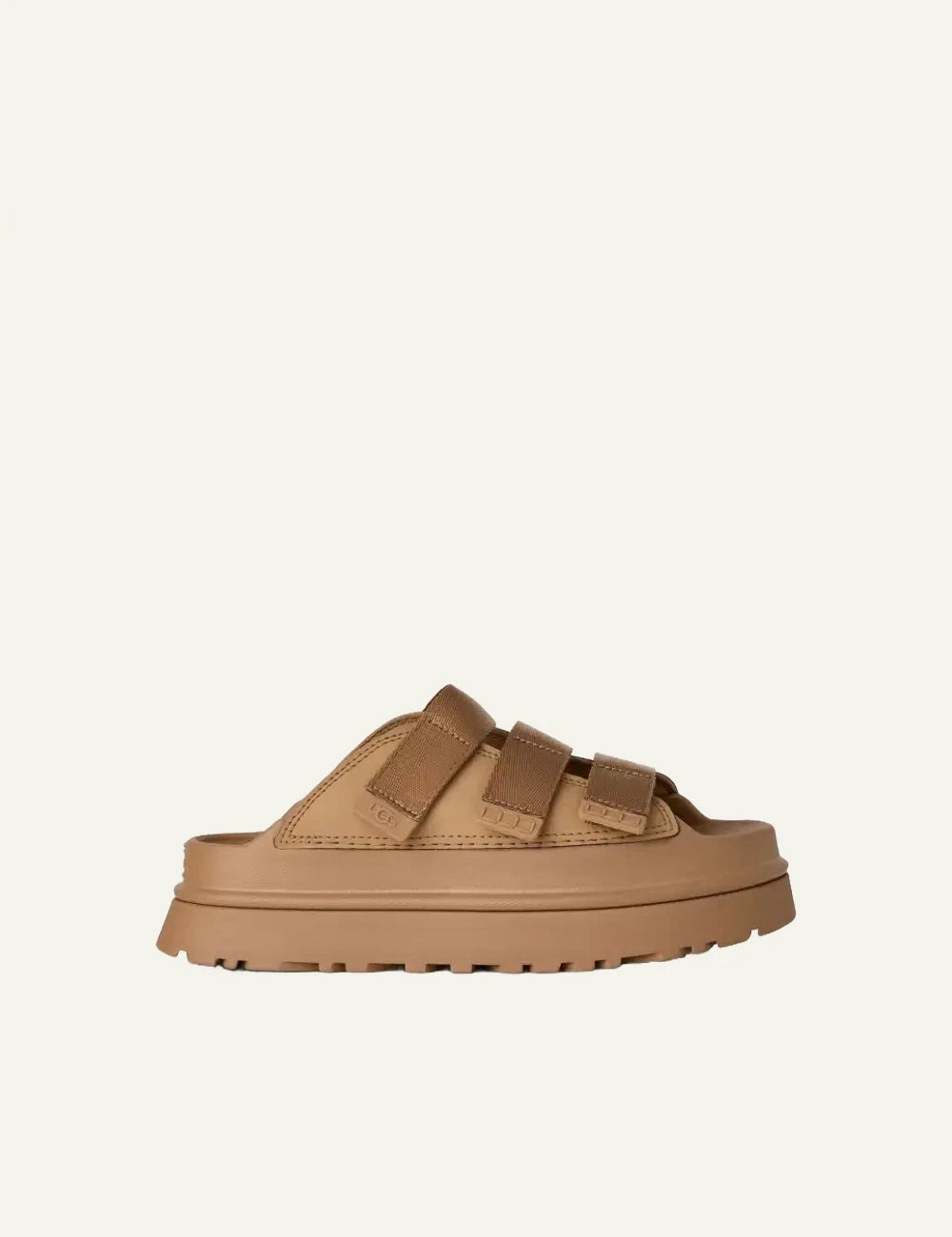 UGG GoldenGlow slide sandal dark sand platform side view
