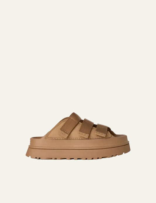 UGG GoldenGlow slide sandal dark sand platform side view