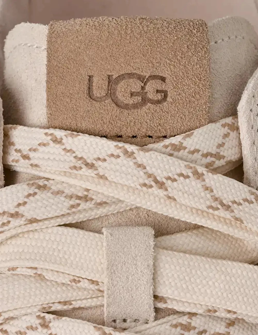 UGG low top sneakers in beige suede and mesh with patterned laces detail view