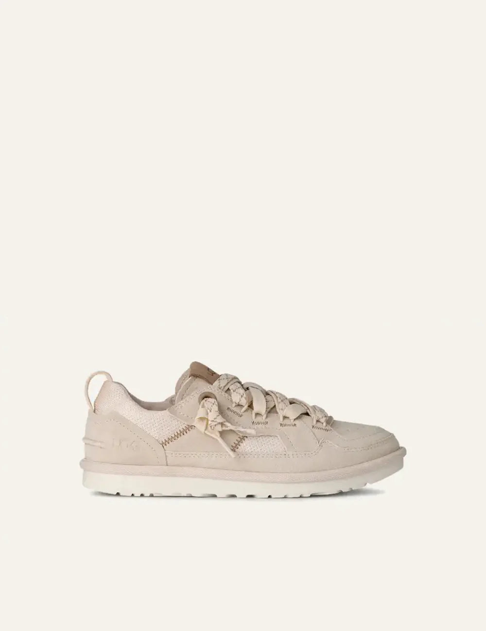 UGG low top sneakers in beige suede and mesh with patterned laces side view