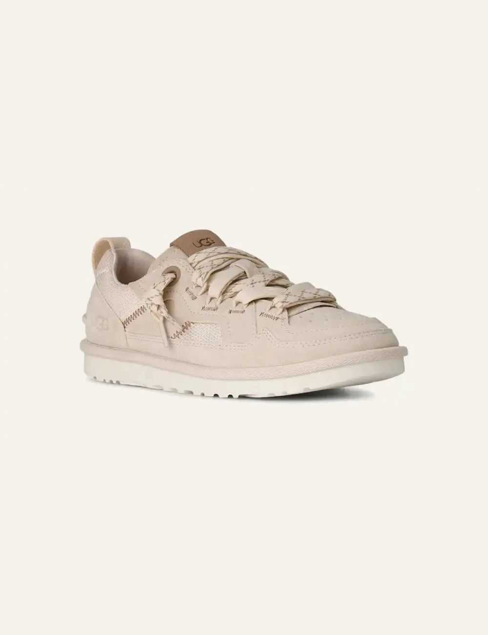 UGG low top sneakers in beige suede and mesh with patterned laces side view 2