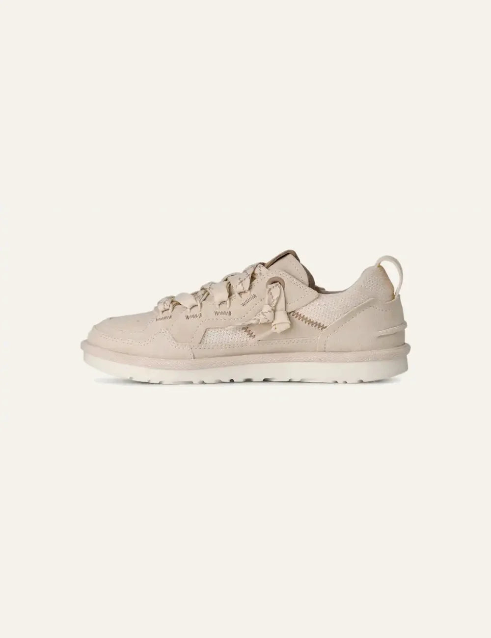 UGG low top sneakers in beige suede and mesh with patterned laces side view 3