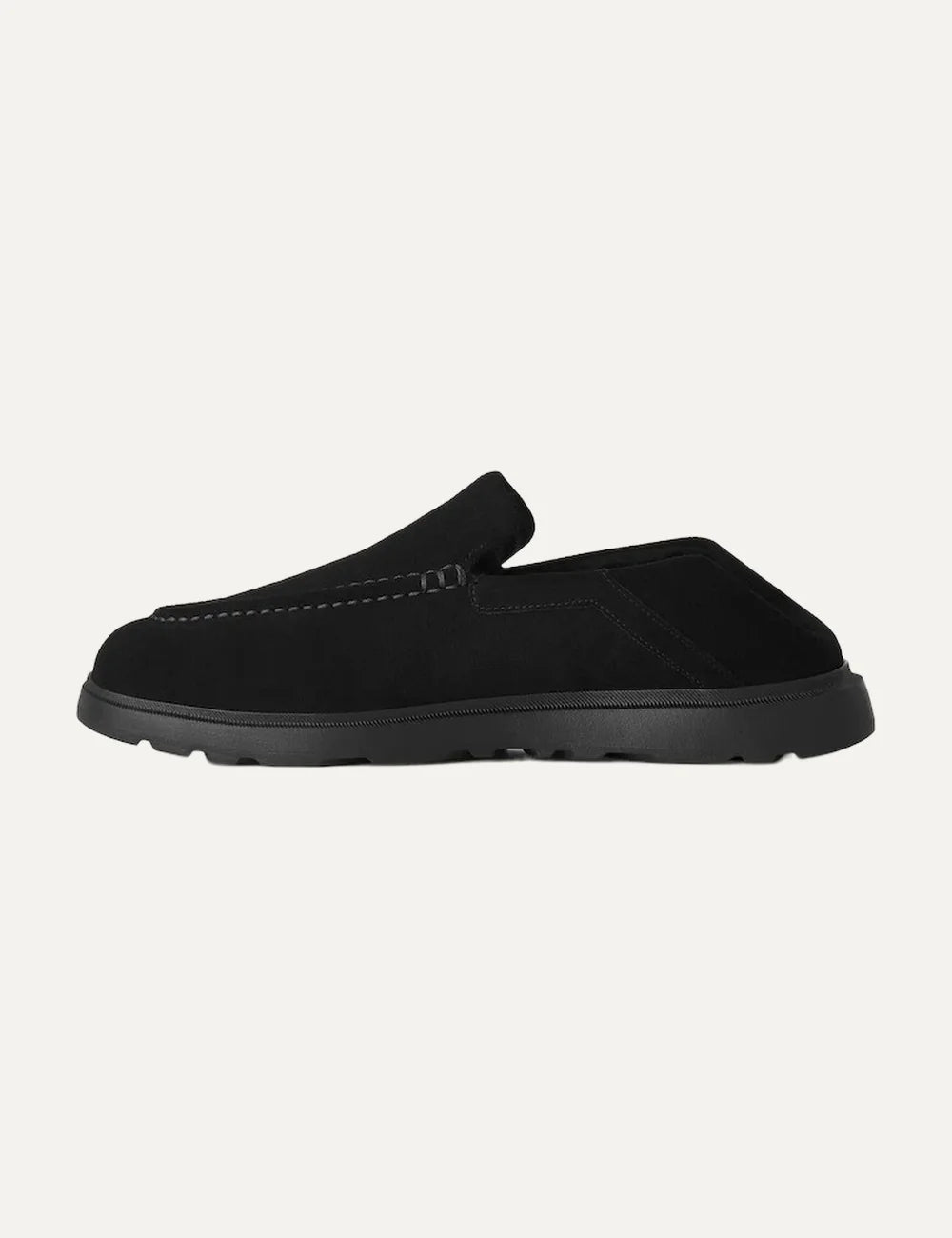 UGG men black suede loafers with moc toe stitching profile