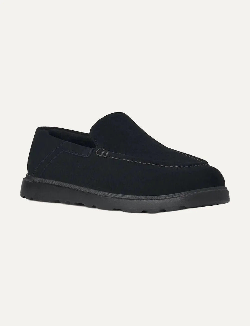 UGG men black suede loafers with moc toe stitching angled