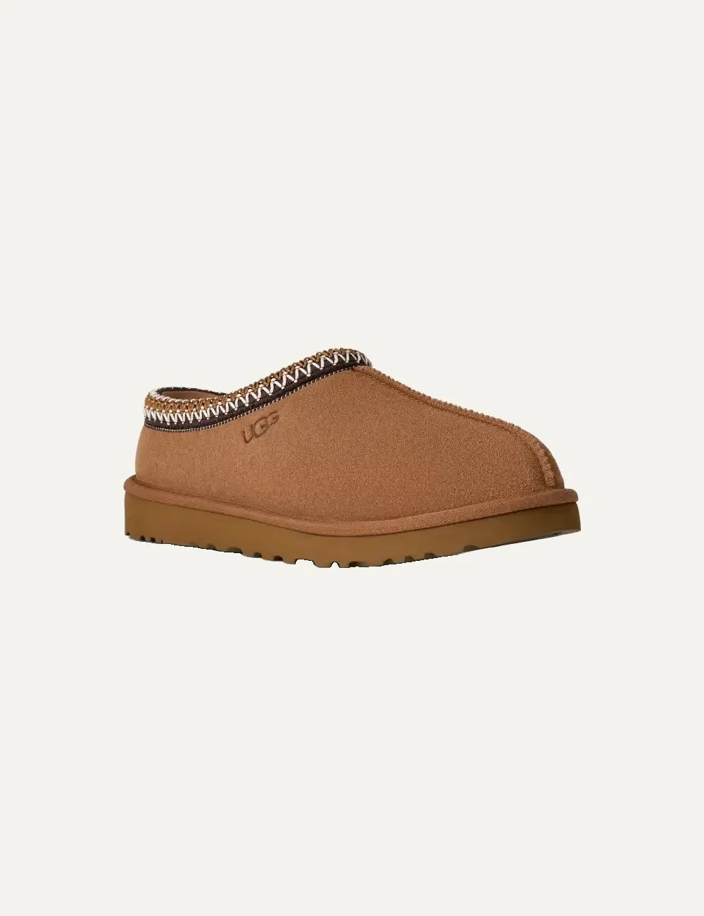 Men's UGG Tasman brown suede shoes with UGGbraid trim, 17mm sheepskin lining and Sugarcane EVA outsole angled