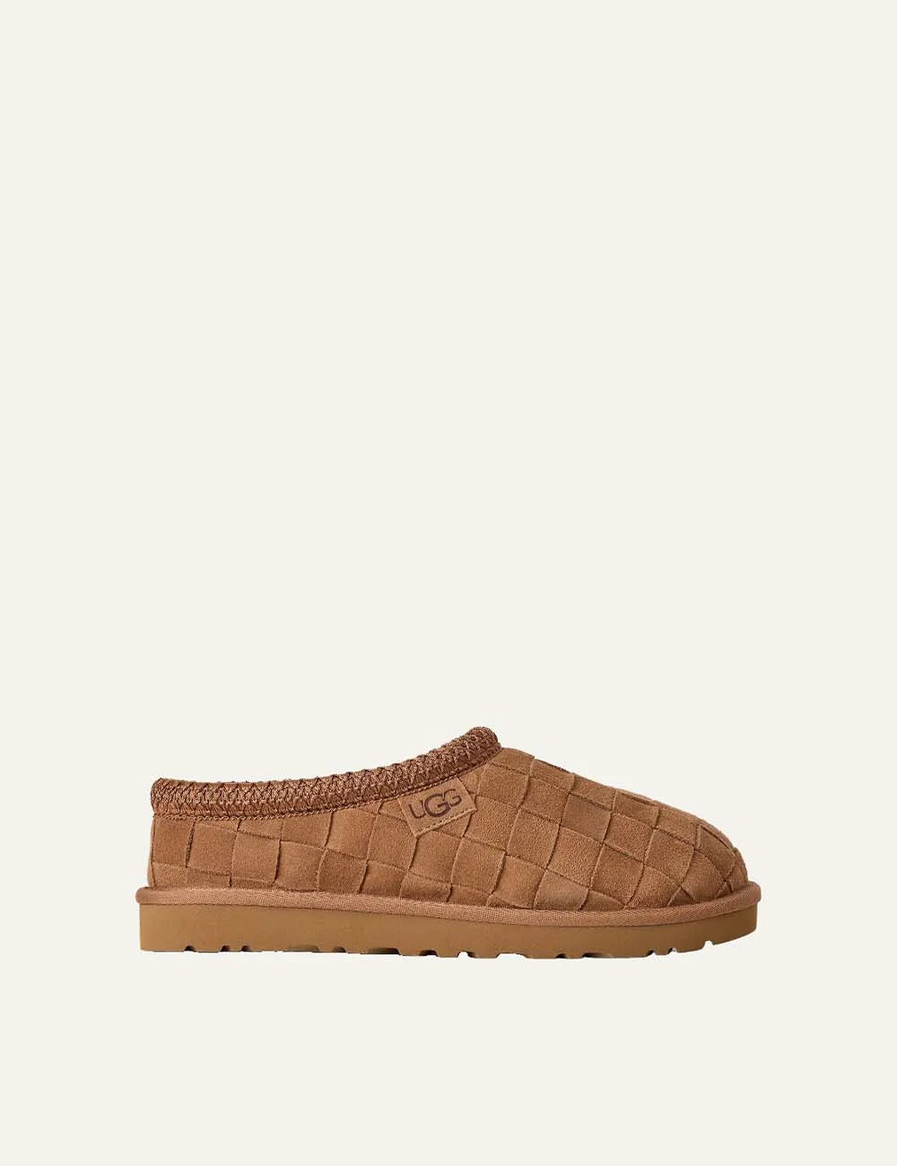 Unisex UGG Tasman Woven Chestnut suede slippers with hand-woven upper, UGGbraid collar and sheepskin lining