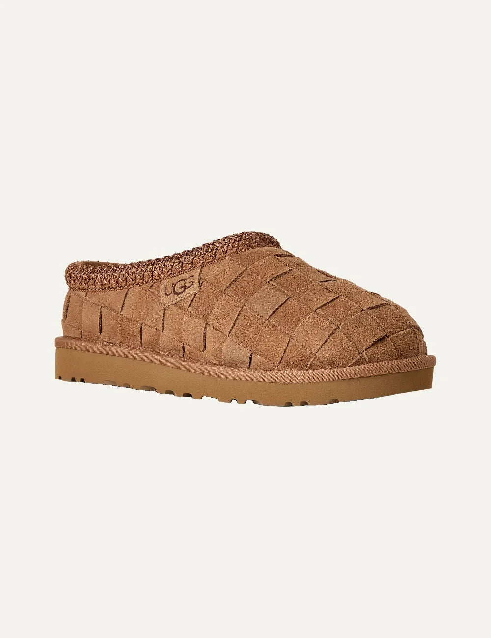 Unisex UGG Tasman Woven Chestnut suede slippers with hand-woven upper, UGGbraid collar and sheepskin lining angled