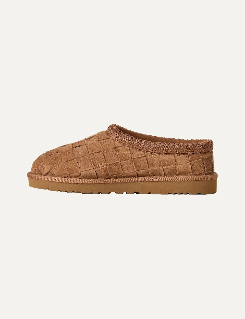 Unisex UGG Tasman Woven Chestnut suede slippers with hand-woven upper, UGGbraid collar and sheepskin lining profile
