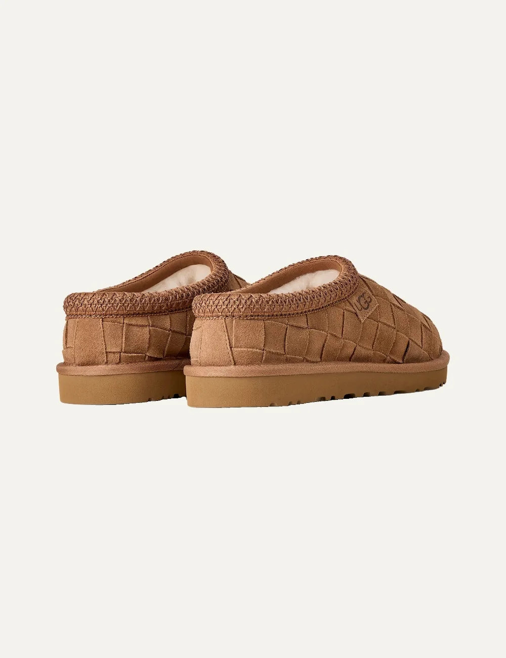 Unisex UGG Tasman Woven Chestnut suede slippers with hand-woven upper, UGGbraid collar and sheepskin lining back
